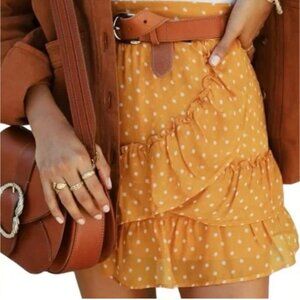 Sezane Carolina Mustard Yellow Polka Dot Ruffled Mini Skirt Size 46 NWOT